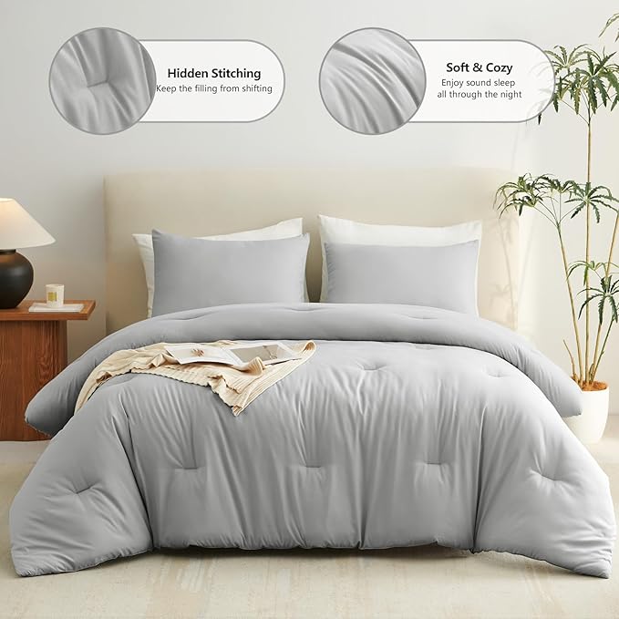 CozyLux Light Grey King Size Comforter Set, 3 Pieces Light Gray Solid Breathable Quilted Bedding Sets, Luxury Fluffy Soft Bed Set with Down Alternative Comforter and 2 Pillowcases for All Season