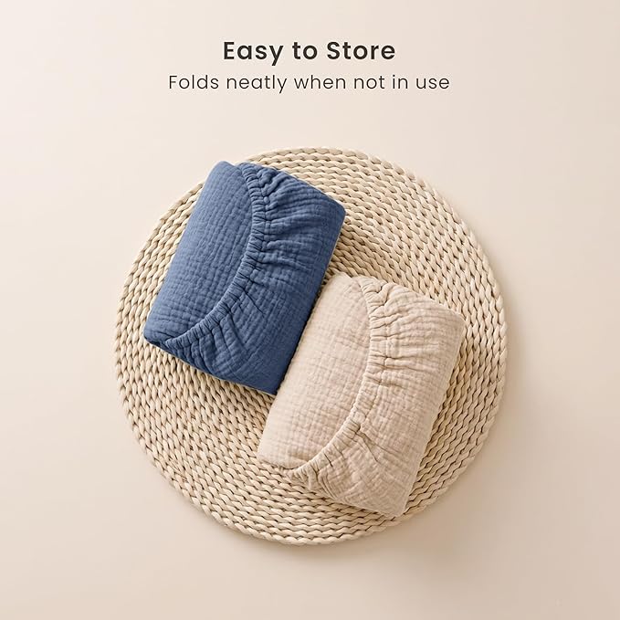 Konssy 2 Pack Muslin Bassinet Sheets for Boys, Girls, 100% Cotton Soft Breathable Fitted Bassinet Mattress Sheet, 33 x 21 inches (Navy,Cream)
