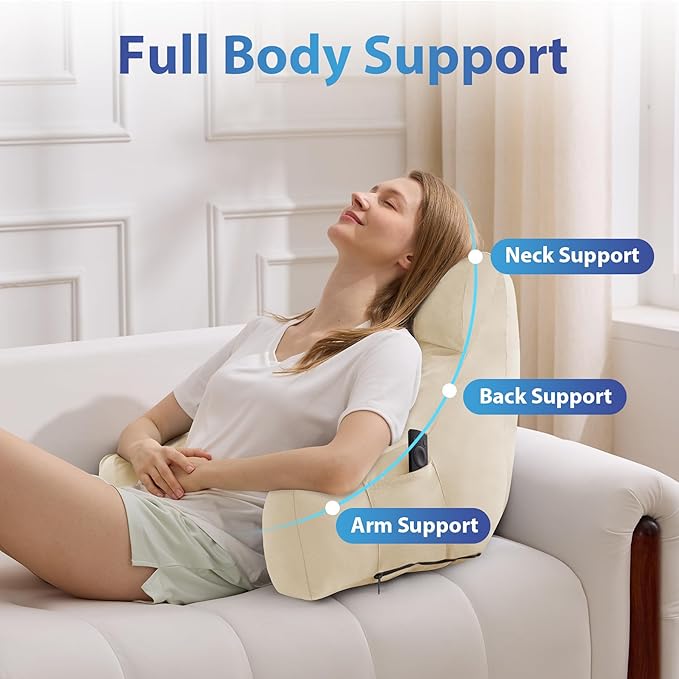 Reading Pillow with Arms for Adult, Back Pillow for Bed Sitting Up, Shredded Memory Foam Backrest Pillow with Pockets & Removable Washable Cover, Lounging, Watching TV, Reading(20" Beige)