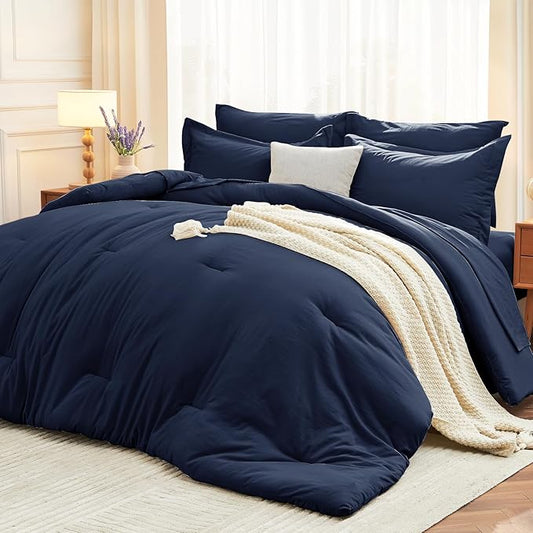MUXHOMO 5 Pieces Twin XL Comforter Set, Soft Bed in a Bag Twin XL Size, All Season Bedding Set with Comforter, Flat Sheet, Fitted Sheet, Pillowcases & Shams, Navy Blue
