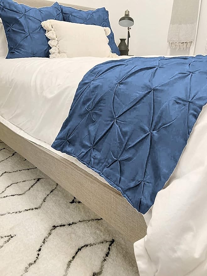 Bed Runner Set - 100% Pure Cotton 800 Thread Count - Luxury 1 Pinch Pleated Bed Runner and 2 Pillow Cover - 3 Piece Pinch Pleated Bed Runner Set King, Medium Blue