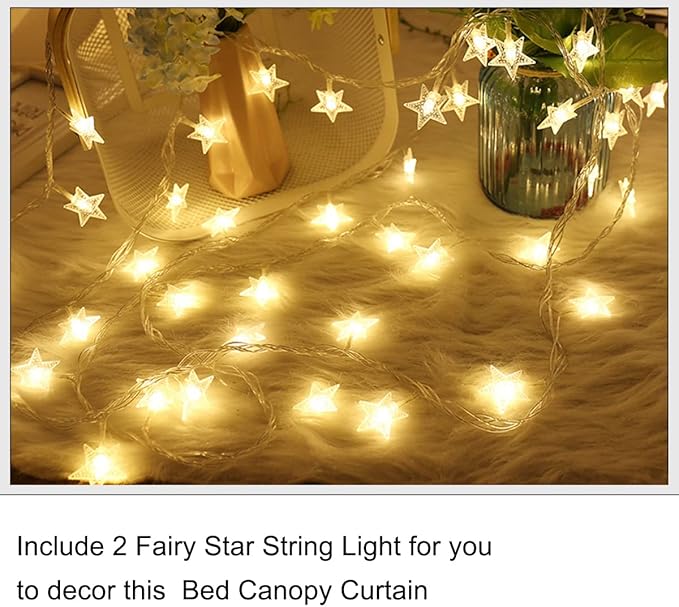 Akiky Princess Canopy Bed Curtains Set with Star Light Sheer Curtain for King Size Bed,8 Panels Canopies (King, White)