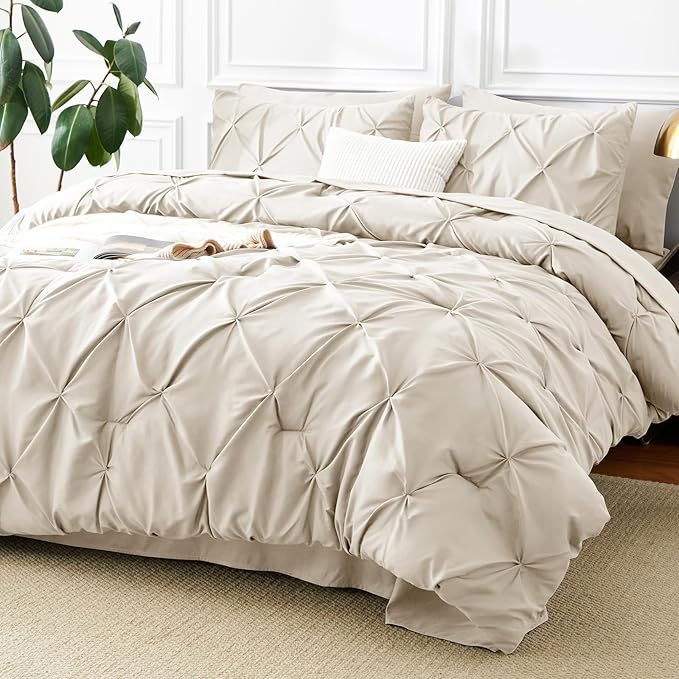 Twin Comforter Set Beige, 5 Pieces Pintuck Bed in A Bag Twin Size Bedding, Soft Bed Set All Season Pinch Pleat Comforter Set with Sheets, Pillowcase & Sham