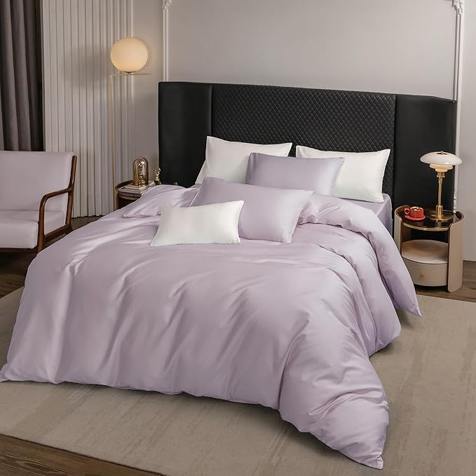 MooMee Duvet Cover Set 100% Extra Long Staple Cotton 600 Thread Count Silky Sateen Smooth Luxury Soft Breathable Durable Hotel Quality Bedding, 3 Pieces (Pastel Purple, Queen 90"x90")