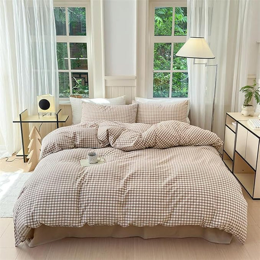 Nayoroom Brown Gingham Duvet Cover Queen Size Tan White Plaid Checkered Duvet Cover Grid Dorm Bedding Set 3 Pieces Soft Lightweight Washed Microfiber Farmhouse Bedding with Pillowcases