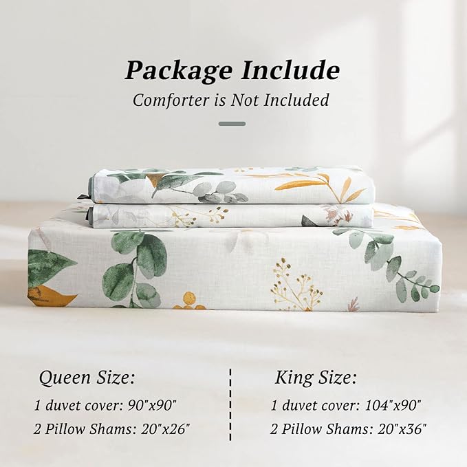 MILDLY Farmhouse Duvet Cover Set - 100% Washed Cotton Garden Flower Printed Bedding Set Queen Size Soft Breathable Comforter Cover with Zipper Ties
