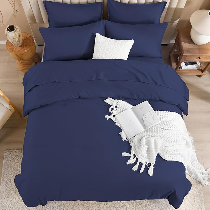Litanika Super King Plus Comforter Sets Navy Blue - 7 Pieces Bed in a Bag Beddding Sets, Solid Lightweight Bed Set with Comforter, Sheets, Pillowcases & Shams