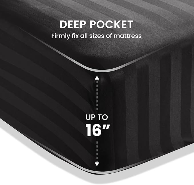 SLEEP ZONE Striped Cooling Queen Sheets Set - Fitted Flat Sheet & Pillowcase Sets 4 Piece - Super Soft Stripe Bed Sheet, Easy Care, Deep Pocket (Black, Queen)