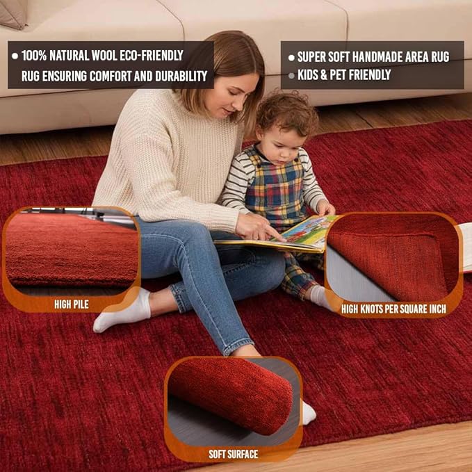 Rugsotic Carpets Hand Knotted Loom Wool ECO-Friendly Area Rugs - 6'7''x9'10'', Rectangle, Red Color, Solid Plain Design, High Pile Handmade Anti Skid Area Rugs for Living Room, Bed Room (L00111)