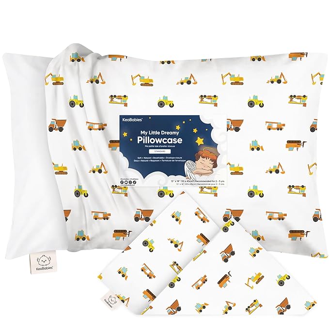 KeaBabies Toddler Pillowcase 13"x18" - Organic Cotton Toddler Pillowcase for Kids, Boys, Girls,Soft & Durable Cotton Cover for Miniature Sleepy Pillows,Cute Colors,Pillow Sold Separately(Construction)
