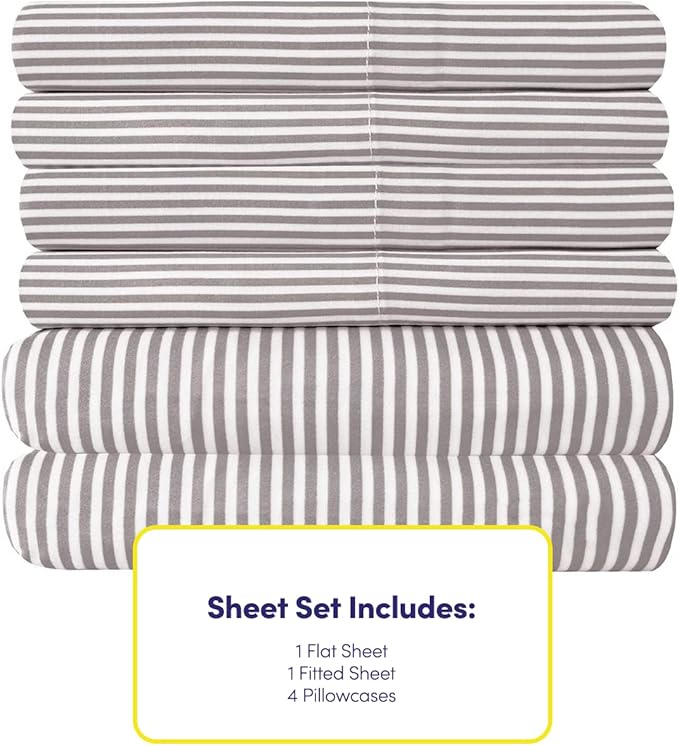Queen Sheets Stripe Grey - 6 Piece 1500 Supreme Collection Fine Brushed Microfiber Deep Pocket Queen Sheet Set Bedding - 2 Extra Pillow Cases, Great Value, Queen, Classic Stripe Gray