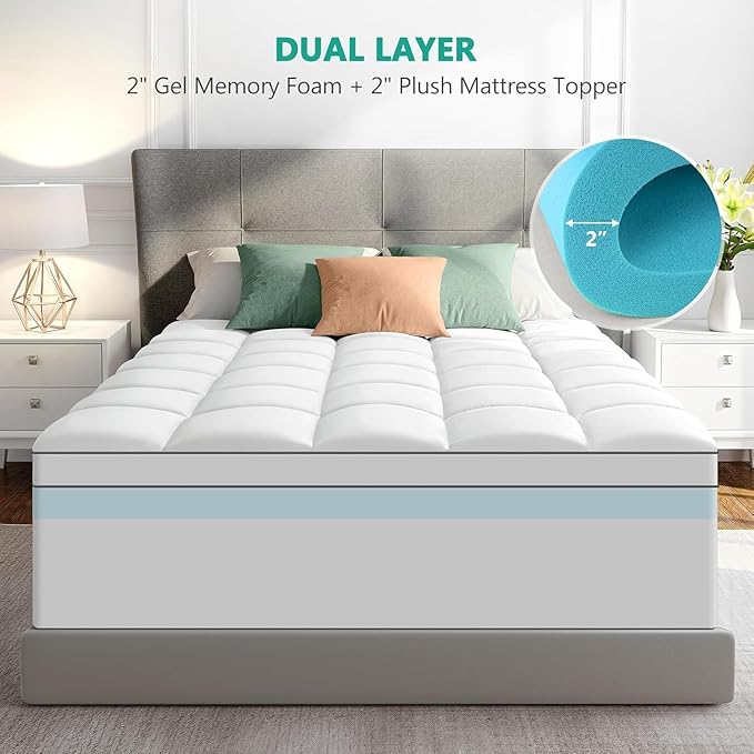 Dual Layer 4 Inch Memory Foam Mattress Topper King Size - 2 Inch Cooling Gel Memory Foam Plus 2 Inch Pillow Top Thick Mattress Pad - Pressure-Relieving Comfort