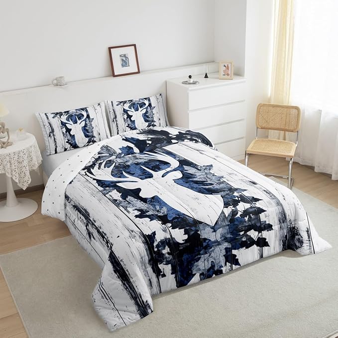 Feelyou Camo Deer Bedding Set Full Size, Deer Hunting Comforter for Kids Boys Girls Deer Antlers Army Camouflage Comforter Set Western Duvet Insert Microfiber Bed Set