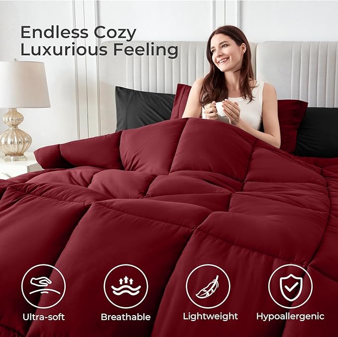 Sasttie Red & Black Queen Comforter Set, 7 Pieces Bed in a Bag Queen, Complete Bedding Set Includes Comforter, Flat Sheet, Fitted Sheet, Pillowcases and Pillow Shams, Burgundy
