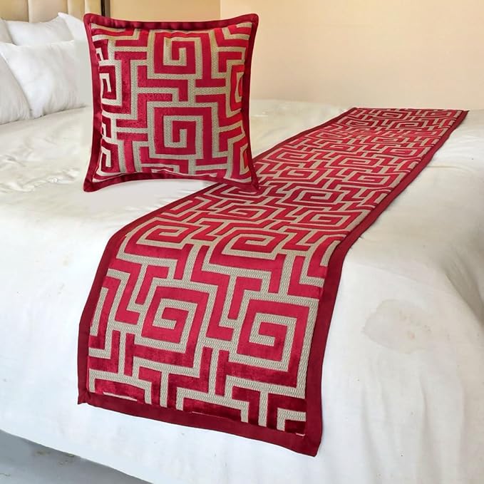 The HomeCentric King/Queen/Twin Red Decorative Twin 53"x18" Bed Runner with 2 Pillow Cover, Maze Bed Scarf on Velvet Fabric - Path