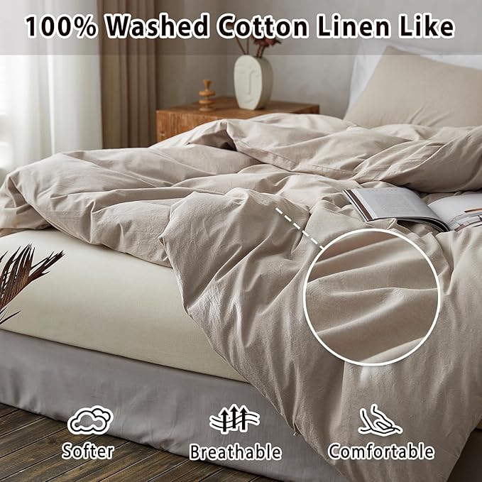 TOCOMOA Duvet Cover Set 100% Washed Cotton Linen Feel Soft Comfy Breathable 3 Piece Comforter Covers Bedding Set (Queen, Heathered Linen Grey)