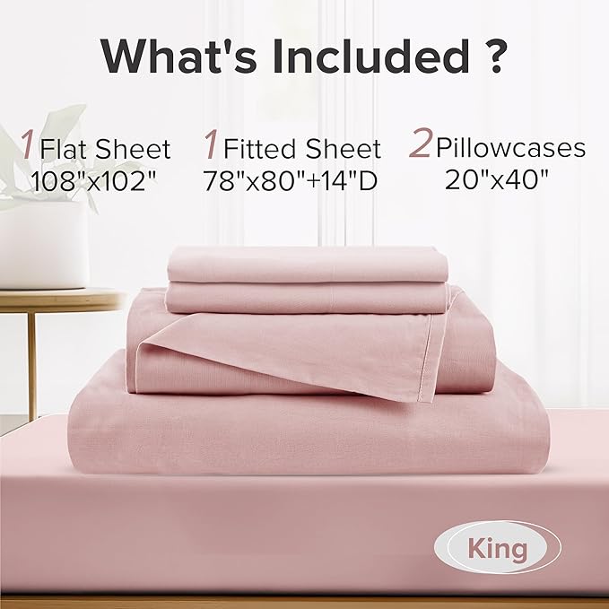 Comfort Spaces 100% Cotton Sheets King, Breathable & Ultra Soft Cotton Sheets, Naturally Cool Cotton Bed Sheets with 14" Elastic Pocket Fits up to 16" Mattress, All Seasons Sheet Set, Pink 4 Piece