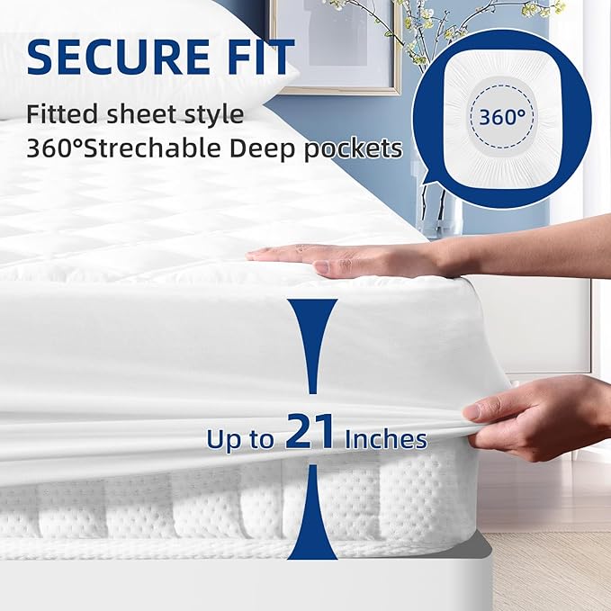 Padded Full Mattress Protector, Breathable Waterproof Mattress Pad Cover Fitted Deep Pocket 8"-21", Soft Noiseless Mattress Cover Washable Cooling for Home Hotel Bedroom, White