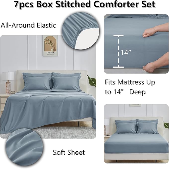 CozyLux King Size Comforter Set Grayish Blue - 7 Pieces Bed in a Bag King, Okeo-Tex Certifited Bedding Set, All Season Soft Bed Set with Down Alternative Comforter, Sheets, Pillowcases & Pillow Shams