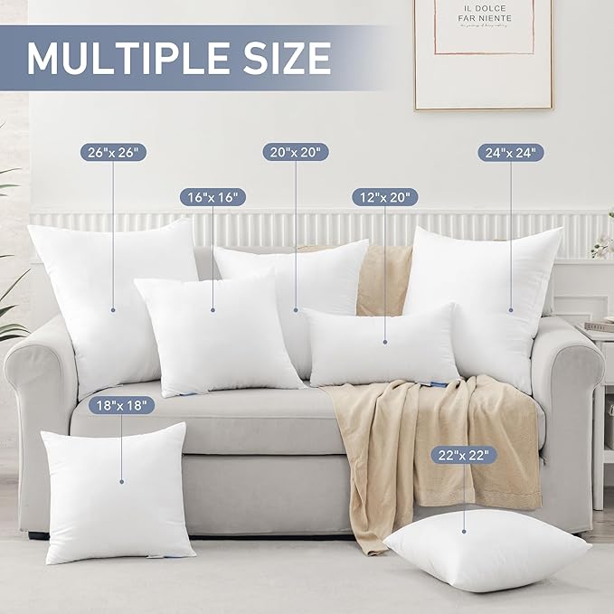 Leeden 12x20 Pillow Inserts Pack of 2, Fluffy Lumbar Throw Pillow Inserts, Soft Square Decorative Throw Pillows for Couch, Sofa, Bed, and Home Decor White Pillows