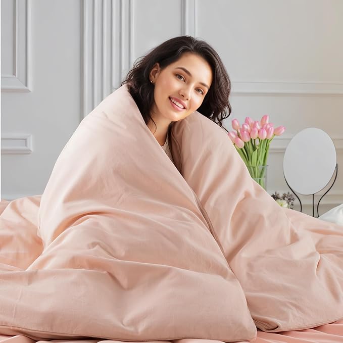 NEXHOME PRO Duvet Cover Set Oversized Queen 92"x98" Linen Look Textured Organic Natural 100% Washed Cotton 3 Pieces Bedding Set with Zipper Closure, Breathable, Dusty Pink (No Comforter)