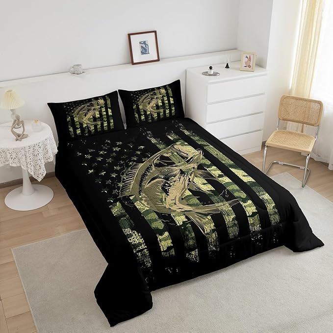 Feelyou Bass Fish Comforter Set Queen Size Fisherman Camouflage Bedding Set Pike Fish Camo American Flag Comforter for Women Men Fsihing Lover Room Farmhouse Fishing Bed Set Wild Quilted Set 3Pcs