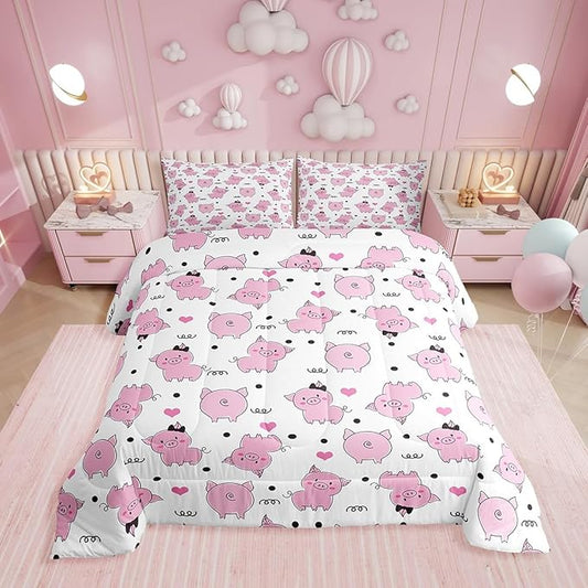 Erosebridal Pink Pig Comforter Set for Girls Kawaii Room Decor Queen,Cute Pigs Bedding Set for Kids Boys Children Farm Animal Quilted Duvet Sets Cartoom Style Soft Lightweight Down Comforter 3 Pcs