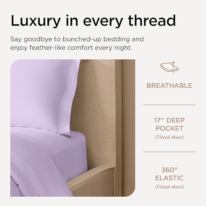 Threadmill Supima Cotton Queen Sheet Set, 1000 Thread Count Queen Sheets for Queen Mattresses, 4 Piece American Luxury Bed Sheets, Sateen Hotel Quality Sheets with Elasticized Deep Pocket, Lilac