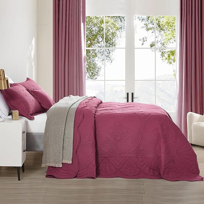 Bedspread - Full Size Bedding Cover - Modern & Contemporary Coverlet Set, Real Stitching, Reversible, Lightweight, 5 Piece, Burgundy