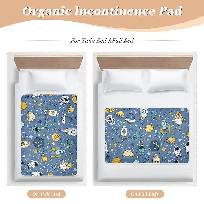 Waterproof Bed Pad Reusable Changing Pad Toddler Mattress Protector Large Pee Pad Baby Diaper Pad Soft Washable Liner Blue Cute Space Doodle Rocket Spacemen