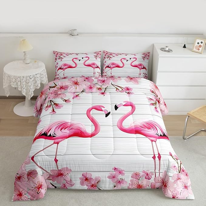 Erosebridal Flamingo Bedding Set Full,Cherry Blossoms Comforter Set for Girls Teens Women,Pink Tropical Bird Animal Comforter Flower Rustic Wooden Board Quilt Duvet Sets with 2 Pillow Cases