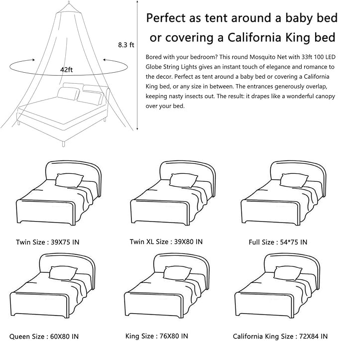 Comtelek Bed Canopy with Lights,Mosquito Net Bed Canopy for Girls Canopy Bed Curtains Full Queen Size from Ceiling,Dome Mosquito Netting Bed Tent Twin Girls Princess Canopy King Bed Decor