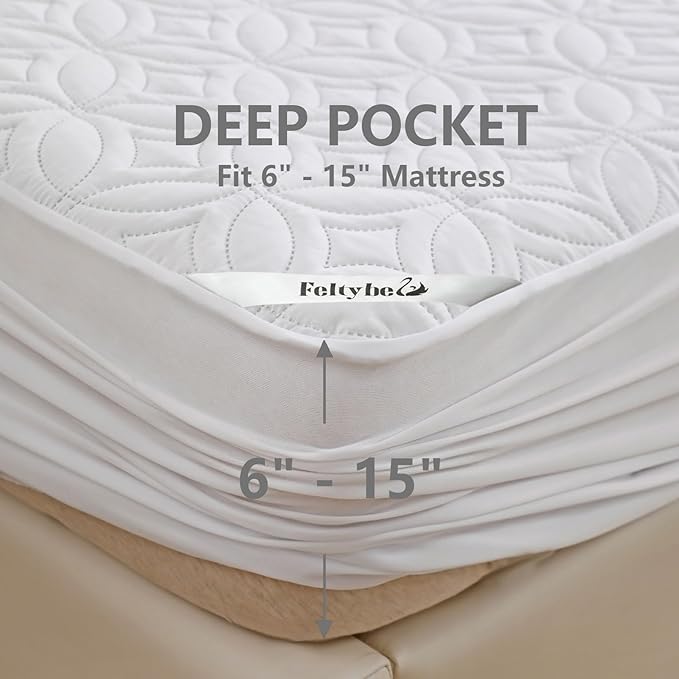 FELTYBED Full Size Waterproof Mattress Protector, Soft Breathable Bed Mattress Cover with Deep Pocket 6"- 15", Noiseless & Washable Mattress Pad Cover for Bedroom (White, Full)