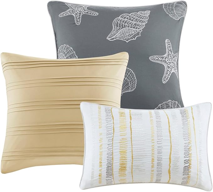 Madison Park Quilt Set Cottage Coastal Design, 6 Piece Set - All Season, Coverlet Bedspread Lightweight Bedding Layer, Shams, Toss Pillows, King/Cal King(104 in x 94 in), Yellow/Grey