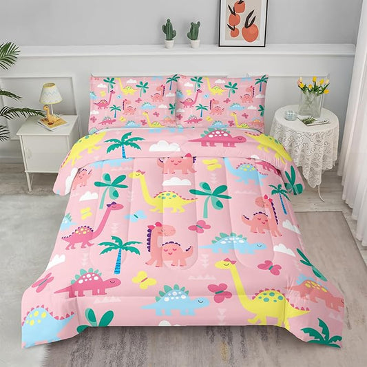 Axolotl Cute Dinosaur Comforter Set Full,Colorful Dinosaur Girls Bedding Set,Dinosaurs Print Comforter Sets Botanical Palm Trees,Butterfly Bedding Set for Kids Girls Teens,1 Quilt 2 Pillowcases,Pink