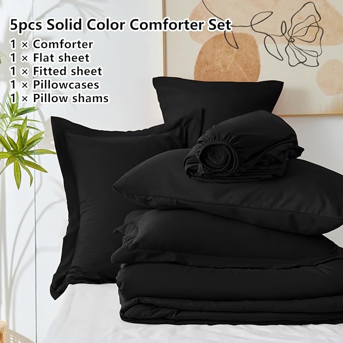 CozyLux Twin XL Comforter Set Black, 5 Pieces Bed in a Bag Twin Extra Long Comforter Set with Sheets, 5PC Bedding Sets with Down Alternative Comforter, Sheets, Pillowcase & Sham for All Seasons
