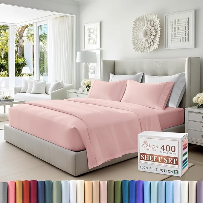 Pizuna Pure 100% Cotton Sheets Queen Size, Luxurious 400 Thread Count Long Staple Cotton Sateen Sheets with 15" Deep Pocket (Combed Light Pink Sheet Queen)