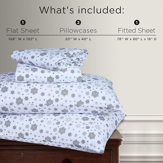 Briarwood Home® Printed Flannel Sheet Set, 100% Natural Cotton, Soft, Warm & Deep Pocket, Advanced Nano-Tech Making it Resistance to Pilling; Brushed 6 Times for Softness (Snowflakes, King)