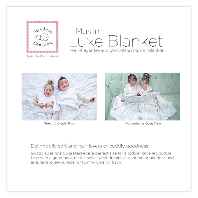 SwaddleDesigns 4-Layer Cotton Muslin Luxe Blanket, Baby and Toddler Cuddle and Dream, 46x46 inches, Sterling Starshine and Dots
