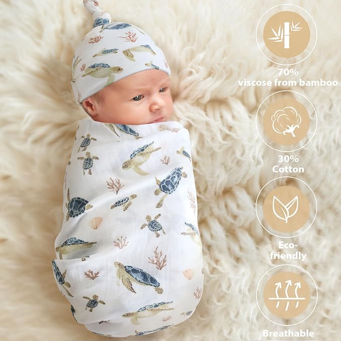 LifeTree Muslin Swaddle Blankets, Muslin Baby Boy Swaddle Blanket and Hat Set with Birth Announcement Card, Newborn Unisex Neutral Receiving Blankets Sea Turtle Pattern
