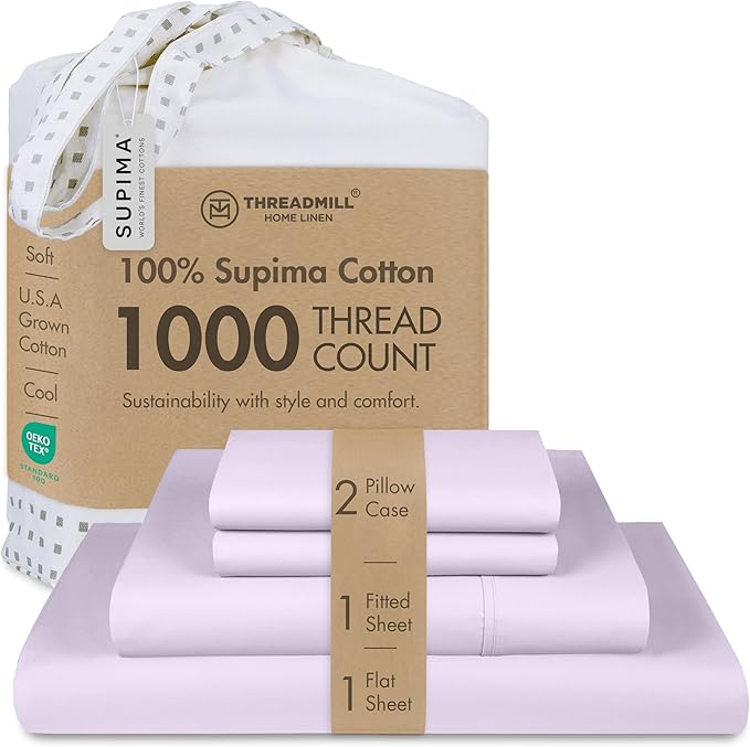 Threadmill Supima King Size Sheets, 1000 Thread Count, 4 Piece American Luxury Bed Sheets for King Mattress, 5 Star Hotel Quality Cotton Sheets with Elasticized Extra Deep Pocket, Lilac