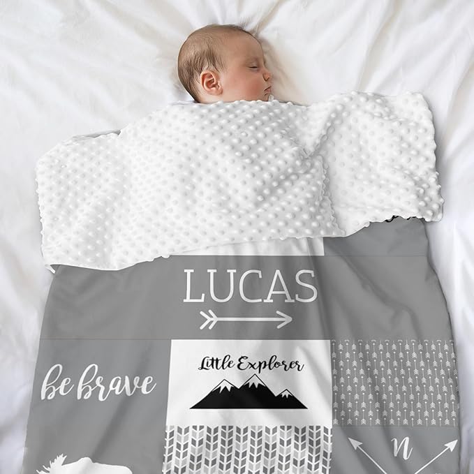 Personalized Baby Blanket for Boys, 35x45 Inches Soft Double Layer Baby Blankets with Dotted Backing, Receiving Blanket Bed Throws for Newborn, Infant, Babies, Bear, Frost Gray