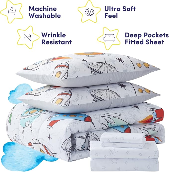 Kids Bedding Set Bed in a Bag for Boys and Girls Toddlers Printed Sheet Set and Comforter , Full, Floating in Space