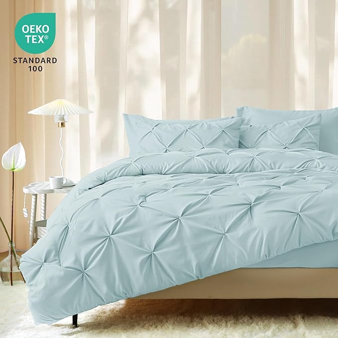 JOLLYVOGUE Queen Comforter Set 7 Pieces - Bed in a Bag Queen for All Season, Pintuck Bedding Comforter Sets with Comforter, Flat Sheet, Fitted Sheet and Pillowcases & Shams, Light Blue