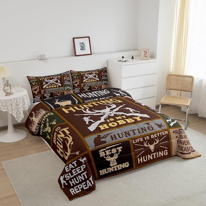 Feelyou Deer Hunting Comforter Queen Size for Kids Hunting Gifts Comforter Set Boys Girls Deer Antlers Comforter Farmhouse Duvet Insert 3Pcs