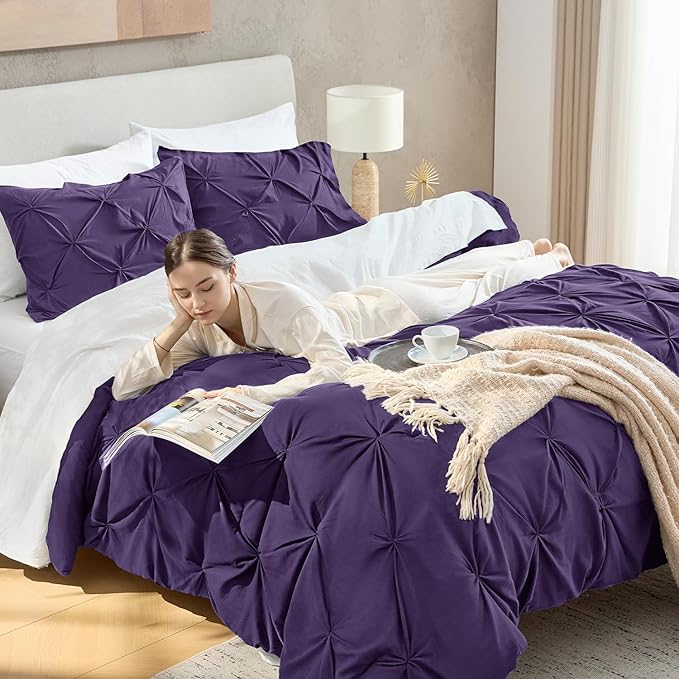 Andency Purple Comforter Full(79x90Inch), 3 Pieces(1 Pintuck Comforter and 2 Pillowcases) Microfiber Pinch Pleat Comforter Set Twin Size, Lightweight and Soft Bedding Comforter Set