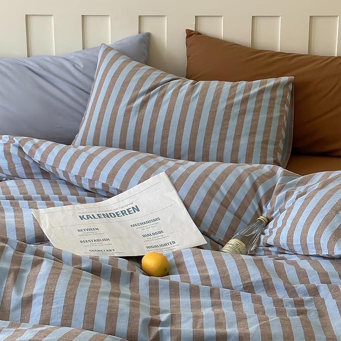 LifeTB Vintage Striped Comforter Set Twin XL, Blue Brown Stripes Print Reversible Bedding Set, 3 Pieces Lightweight Bedding Comforter with 2 Pillowcases, Farmhouse Striped Twin XL Comforter Set