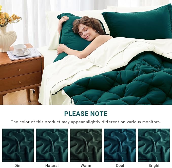 MUXHOMO 7 Pieces California King Comforter Set, Reversible Bed in a Bag Cal King Size, All Season Bedding Set with Comforter, Flat Sheet, Fitted Sheet, Pillowcases & Shams, Peacock Blue & Ivory