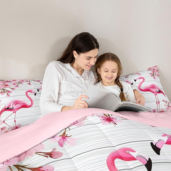 Erosebridal Flamingo Bedding Set Queen,Cherry Blossoms Comforter Set for Girls Teens Women,Pink Tropical Bird Animal Comforter Flower Rustic Wooden Board Quilt Duvet Sets with 2 Pillow Cases