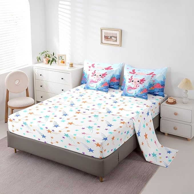 Feelyou Boys Girls Cute Axolotl Bed in A Bag Queen Size, Ocean Sealife Comforter Set with Sheets Kids Cartoon Salamander 7 Pieces Bedding Sets Kawaii Teens Bed Set Bedroom Decor